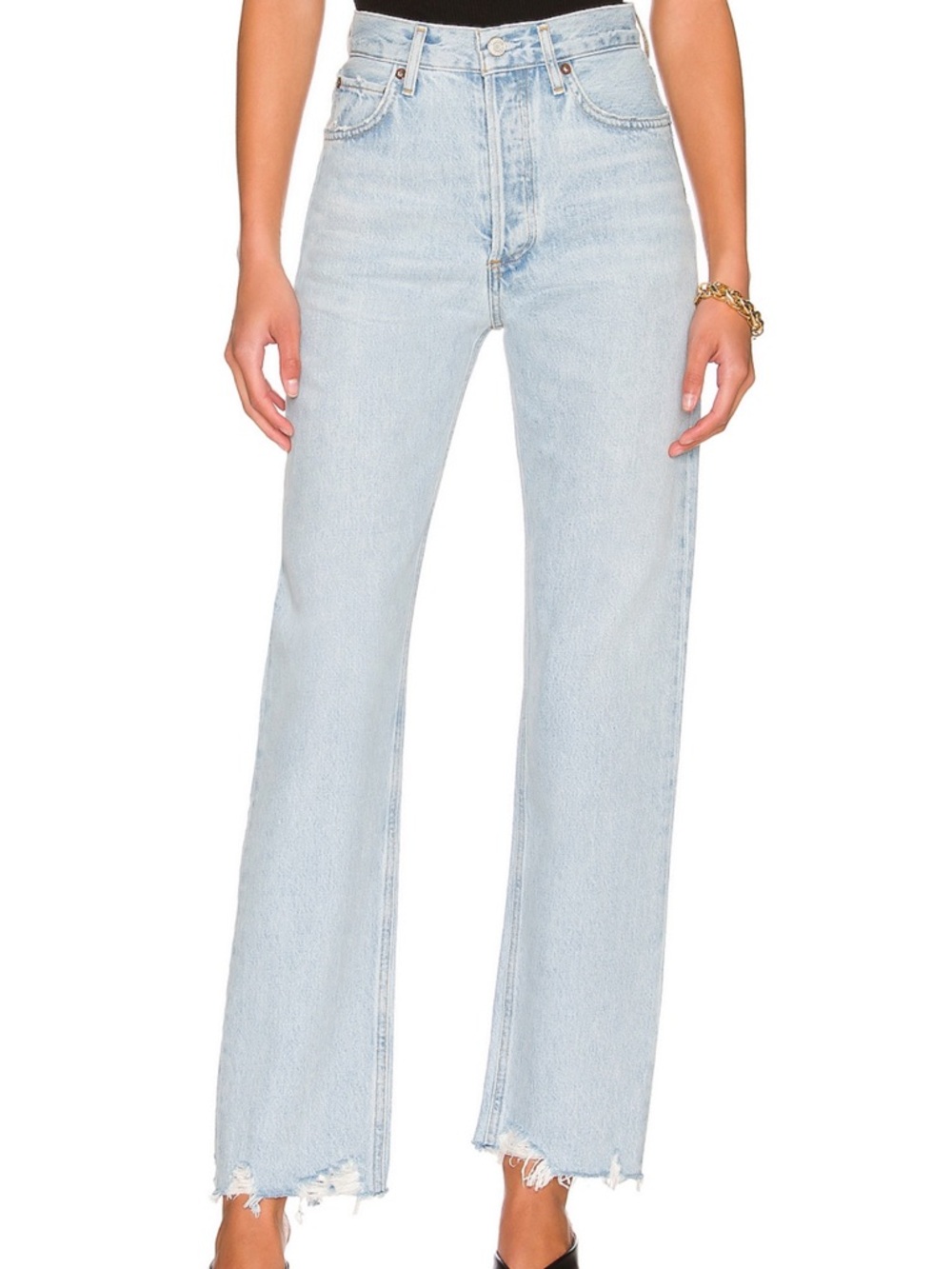 Agolde Light Blue High-Rise Straight Jeans with Frayed Hem